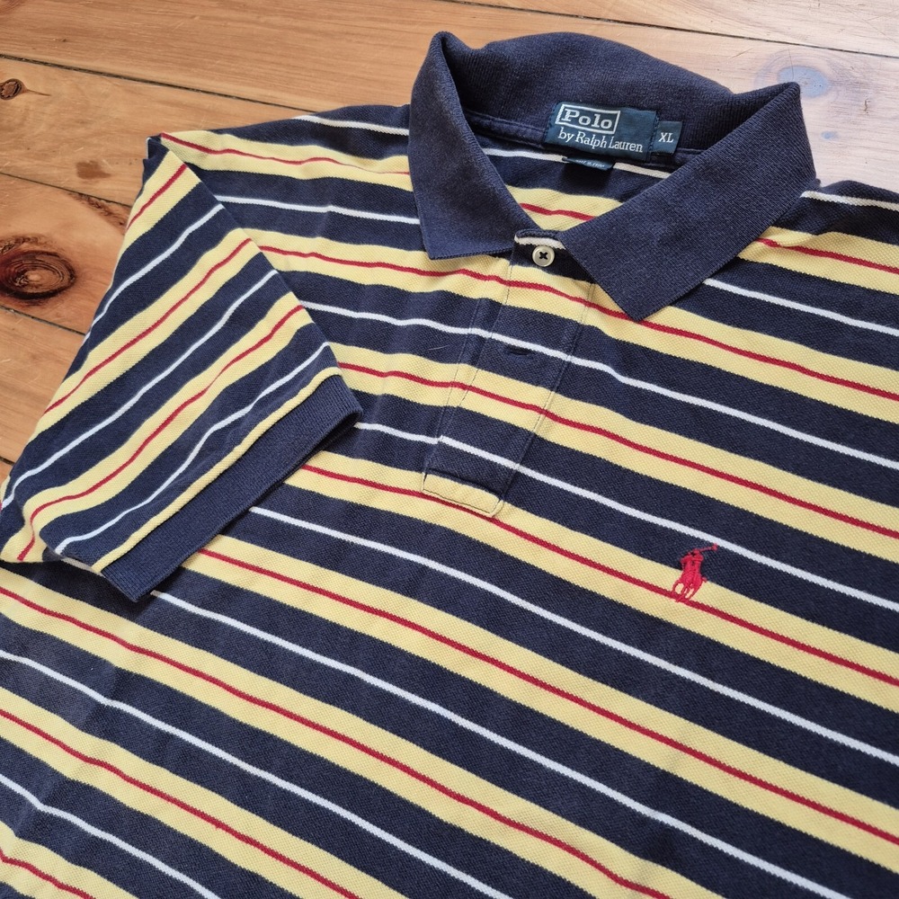 Polo Ralph Lauren Polo Shirt Mens XL Blue Stripe Pique Knit Cotton Preppy School